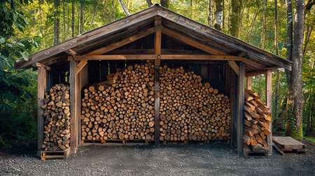 Stacked Firewood in Rustic Shed in Forest Clearingの素材