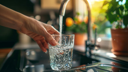 Hand filling glass with water from kitchen faucet with soft natural lightの素材