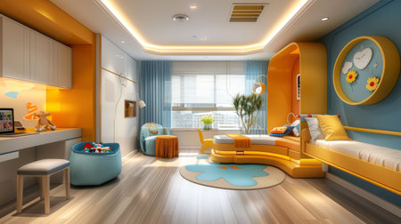 A bright and colorful children's waiting room in a healthcare facility. Designed to be welcoming and comforting for young patients.の素材