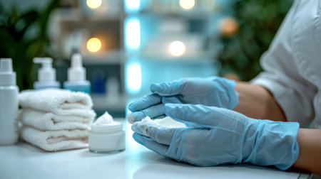 Professional pedicure service gloves applying lotion cozy setup.の素材