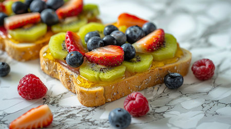 Delicious toast topped with fresh berries and kiwi slices on a marble countertop creating a colorful and appetizing sceneの素材