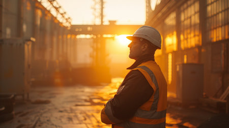 Industrial worker in a factory wearing safety gear, silhouetted against a dramatic sunsetの素材