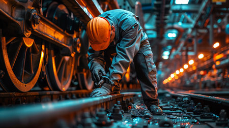 Engineer wearing safety gear working on train tracks, ensuring maintenance and safetyの素材