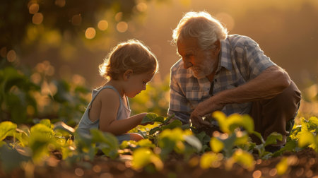 Heartwarming scene of an elderly man and a young child engaged in gardening activities with sunlight filtering through the treesの素材