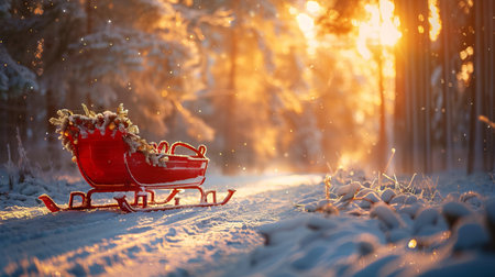 Christmas sleigh covered in snow in a winter forest illuminated by the warm light of sunrise creating a festive and magical atmosphereの素材