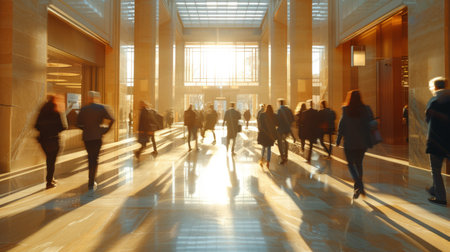 People walking through a modern hallway filled with sunlight streaming through large windows creating a dynamic and bright sceneの素材