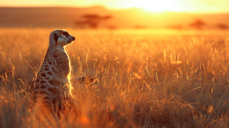 Meerkat standing alert in a field of tall grass during a vibrant sunset creating a striking and natural wildlife sceneの素材