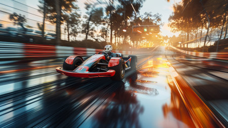 A racing car speeding along the track during a beautiful sunsetの素材