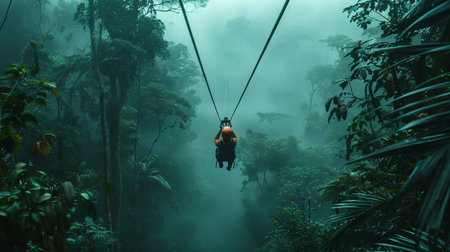 An adventurer ziplining through a dense tropical forest, capturing the excitement and thrill of outdoor activities and natureの素材