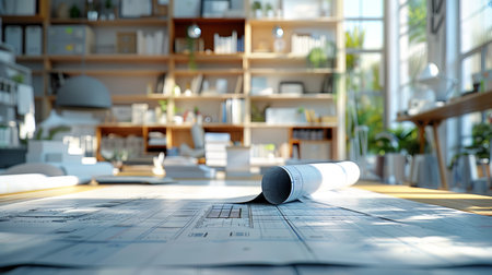 Architectural blueprints on a desk in a bright office, showcasing the planning and creativity involved in architectureの素材