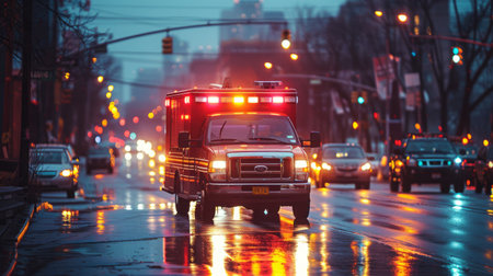 Ambulance with flashing lights driving through a city street at night, with urban buildings and streetlights in the backgroundの素材