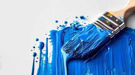 A paintbrush covered in vibrant blue paint lying on a white surface with splatters aroundの素材