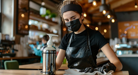 Barista wearing a mask preparing a drink in a modern cafe, ensuring safetyの素材