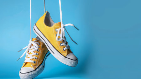 A pair of yellow sneakers hanging by their laces against a blue background, emphasizing casual footwearの素材