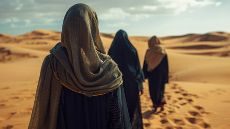 People dressed in traditional clothing walking through the desertの素材