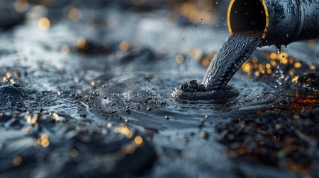 Close-up of an oil spill with black liquid and golden sparkles spreading on the ground creating environmental pollutionの素材