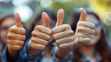 A group of people giving thumbs up with a blurred background symbolizing approval and positivityの素材