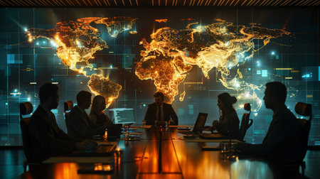 Business professionals in a conference room with a world map on the screen, discussing global strategiesの素材