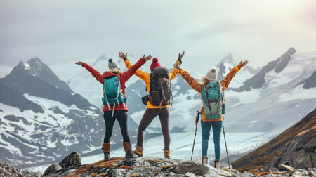 Happy group of hikers raising their arms in celebration at the mountain peak with snow-capped mountainsの素材