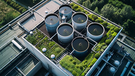 Aerial view showing a rooftop with green vegetation and large storage tanksの素材