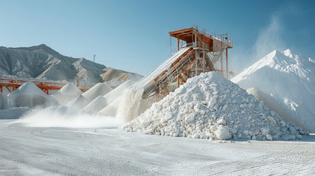 An industrial salt processing plant with large piles of salt and machinery in action under a clear skyの素材