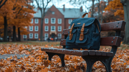 A stylish backpack resting on a bench surrounded by vibrant autumn leaves, capturing the essence of fall in a serene park setting. Ideal for travel and leisure themes.の素材
