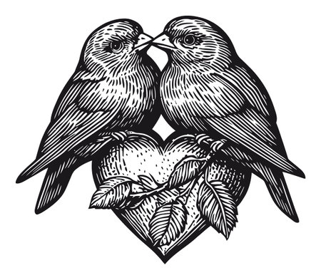 This detailed vector drawing features two romantic birds kissing atop a heart, surrounded by leaves, symbolizing love and connection, perfect for various design themes.のイラスト素材