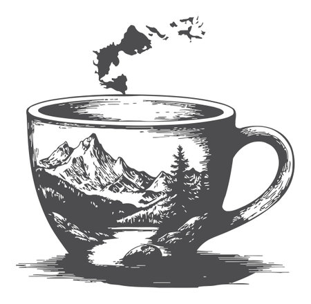 Discover this vintage vector art featuring a scenic mountainscape inside a coffee cup, capturing the serenity of nature in a creative and artistic expression.のイラスト素材