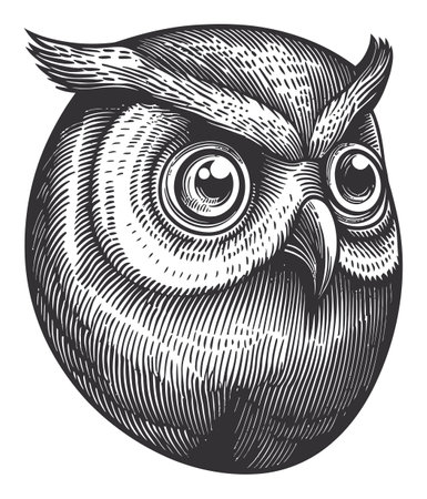 Explore this detailed vector drawing of a stylized owl head, showcasing intricate line work and a whimsical design. Perfect for art projects and illustrations.のイラスト素材