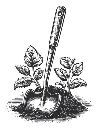 This vector drawing features a detailed shovel placed in rich soil, surrounded by young plant elements. Perfect for gardening themes and nature illustrations.のイラスト素材