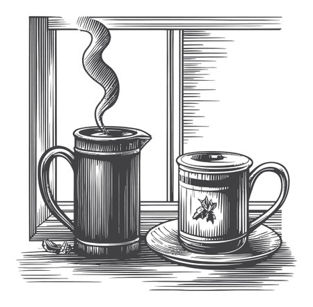 Vintage vector drawing showcasing a teapot and cup by a window, emanating warmth and simplicity. Perfect for kitchen decor or tea-related art.のイラスト素材