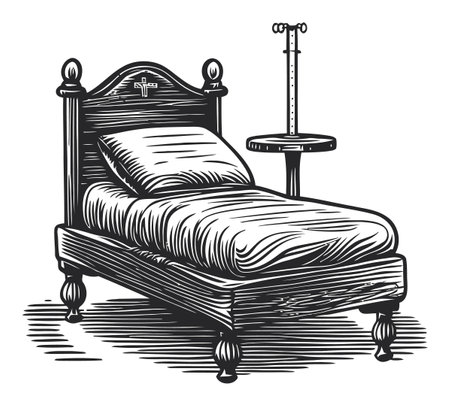 Explore this detailed vintage vector drawing of a bed and nightstand, ideal for various artistic projects, emphasizing comfort and classic design.のイラスト素材
