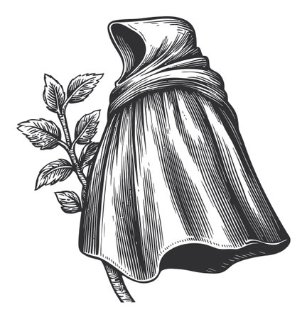 A vintage black and white illustration of a flowing cloak alongside a rose stem, combining elements of nature and artistry to create a unique visual representation.のイラスト素材