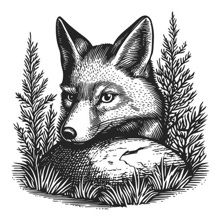 Capture the essence of wildlife with this detailed black and white vector drawing of a fox, nestled among trees and a rock, ideal for nature-themed projects.のイラスト素材