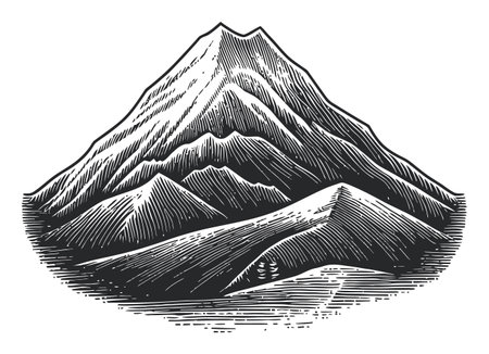 Detailed black and white vector drawing of a mountain range showcasing rugged peaks and smooth hills, perfect for nature-themed projects and artworks.のイラスト素材