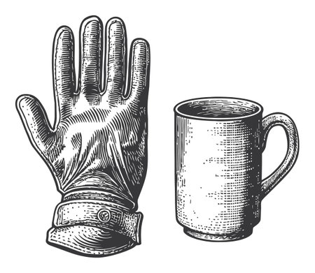 A detailed vintage vector drawing showcasing a rubber glove alongside a classic coffee mug. Ideal for illustrating home, kitchen, or beverage themes.のイラスト素材
