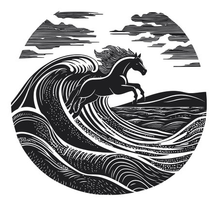 This captivating black and white illustration showcases a horse leaping through stylized ocean waves, symbolizing freedom and strength. Ideal for art projects.のイラスト素材