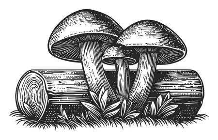 This black and white vector drawing features intricate mushrooms growing on a log, showcasing nature's beauty through detailed illustration and vintage aesthetics.のイラスト素材