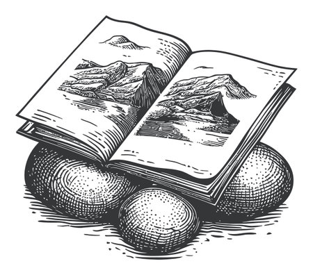 This vintage illustration features an open book showcasing detailed mountain landscape drawings, resting on three smooth stones. Ideal for art and design.のイラスト素材