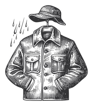Detailed vintage illustration of a jacket and hat, perfect for outdoor adventures. Features a classic design, capturing the essence of retro fashion.のイラスト素材