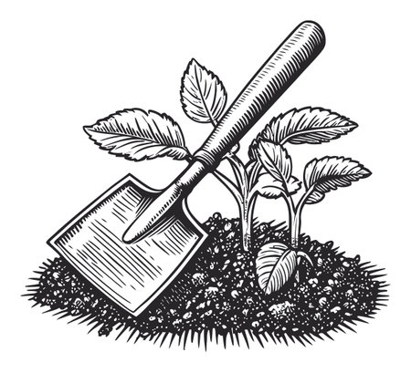 Detailed vintage vector illustration of a shovel beside young seedlings in rich soil, representing gardening and nature's growth. Perfect for eco-themed designs.のイラスト素材