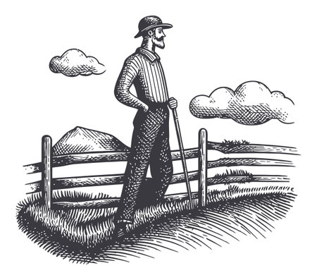 This vintage-style vector artwork depicts a farmer standing thoughtfully by a fence. The illustration captures a serene rural landscape with clouds, emphasizing the connection between nature and agricultural life.のイラスト素材