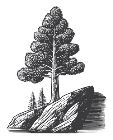 Discover a vintage-inspired vector drawing of a tall pine tree standing on a rocky landscape, perfect for nature-themed projects and artworks.のイラスト素材