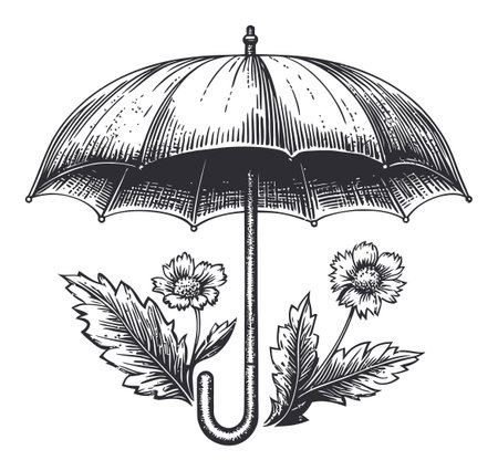 Detailed vintage vector illustration of an umbrella surrounded by delicate flowers, perfect for designs needing a classic touch and nature-inspired elements.のイラスト素材