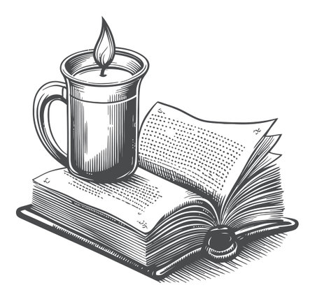 This vintage vector illustration features a candle resting on an open book, symbolizing warmth and knowledge. Perfect for literary and home decor themes.のイラスト素材