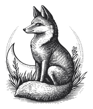 This vector drawing features a detailed fox illustration, showcasing its fur texture and serene expression, surrounded by soft grass and natural elements.のイラスト素材