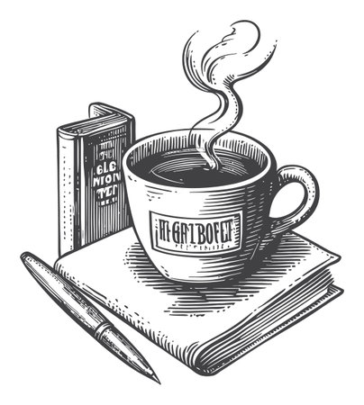 Detailed vintage vector drawing features a steaming coffee cup beside a book and pen, perfect for capturing cozy moments in a creative workspace.のイラスト素材