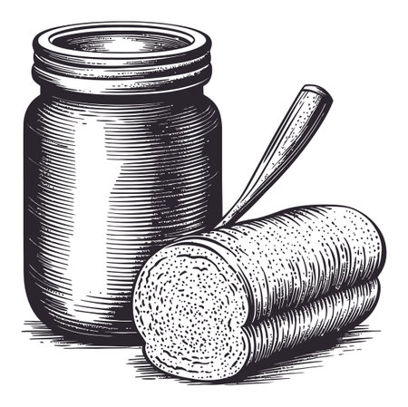 Vintage vector art of a jar and sausage roll with a spoon, perfect for culinary-themed projects. Detailed monochrome illustration for unique designs.のイラスト素材