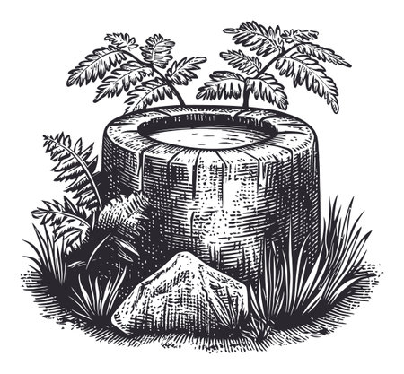 This vintage vector drawing depicts a stone well surrounded by lush ferns and grass, creating a serene and rustic outdoor scene. Perfect for nature-themed designs.のイラスト素材