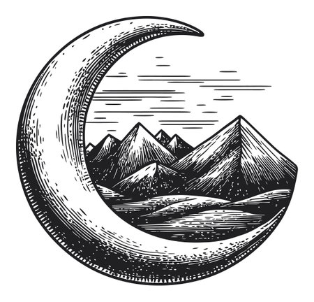 This intricate vector art features a crescent moon elegantly framing a captivating mountain landscape, creating a serene and timeless visual experience.のイラスト素材